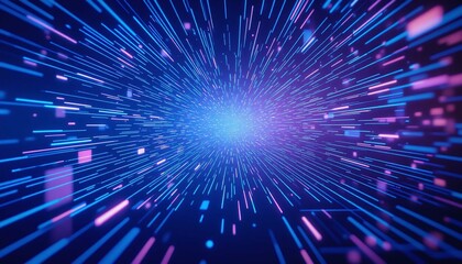 Warp speed travel through an infinite digital neon hyperspace data tunnel