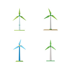 Four Flat Design Wind Turbines in Different Colors and Bases wind power renewable energy