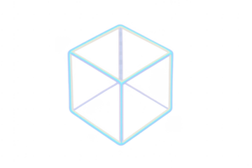 Isometric wireframe cube glowing geometric shape on transparent background