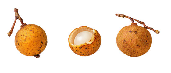 Three ripe fruits on black background, one peeled
