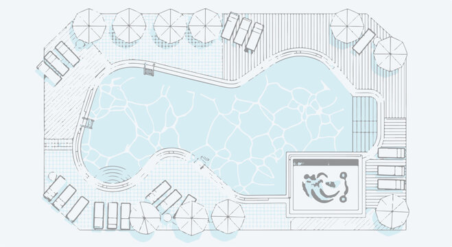 Architectural plan top view of luxury swimming pool design and resort deck layout isolated PNG with Transparent Background