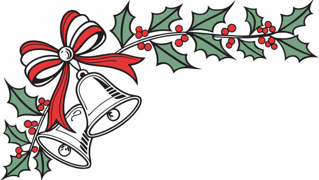 Christmas bells with a festive red and white striped bow, intertwined with classic green holly leaves and bright red berries, creating a joyful holiday corner border decoration.