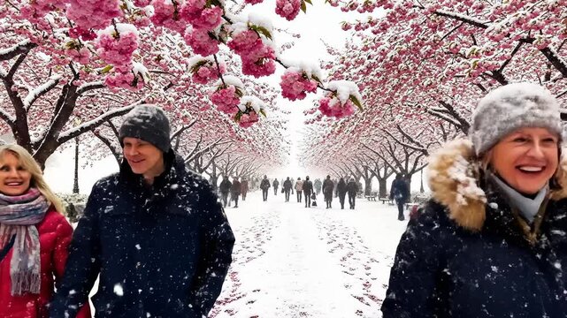 People Walking Along Cherry Blossom Lined Snowy Path in Winter