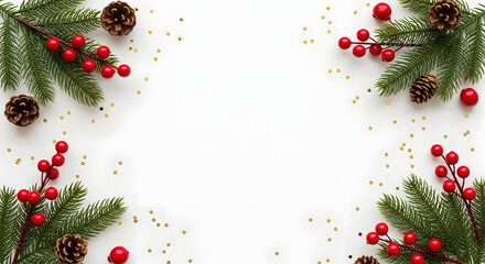 Create stunning holiday cards with this elegant Christmas frame featuring festive pine branches, bright red berries, and sparkling gold confetti for a joyful winter celebration