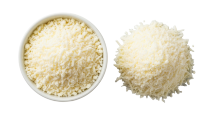 Bowl of grated cheese and pile of grated cheese transparent background cutout png
