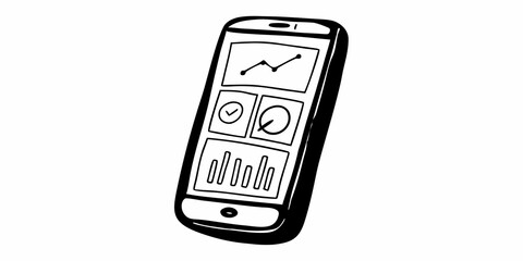 Illustration of a smartphone displaying data charts and graphs on its screen interface design