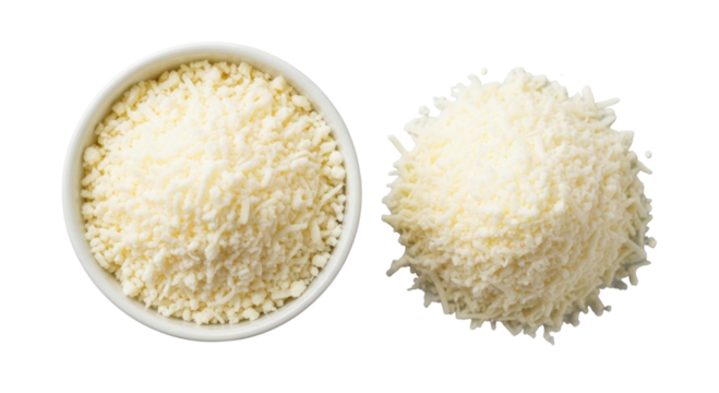 Bowl of grated cheese and pile of grated cheese transparent background cutout png