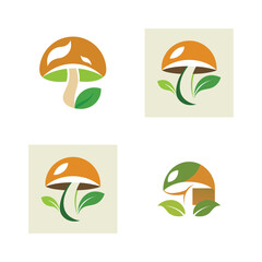 Four Stylized Mushroom Icons with Green Leaves on Light Background logo nature