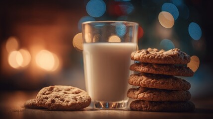 Warm cookies and milk set against a cozy, softly lit background with a festive ambiance.