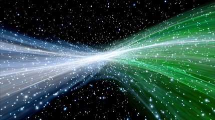 Abstract digital art featuring streaks of blue and green light with many small white stars against a black background.