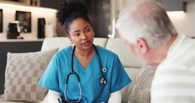Clipboard, nurse and senior man on couch for discussion, medical evaluation and health survey results. Retirement, nursing home and caregiver writing wellness report, people talking and elderly care
