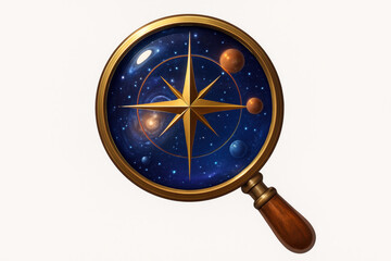 Magnifying glass revealing celestial navigation and cosmic discovery