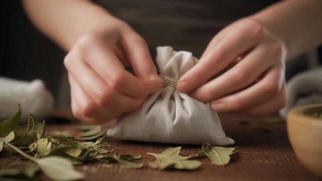 Person preparing a herbal sachet on a wooden table