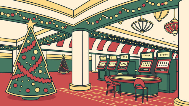 Christmas themed casino interior with a festive green and red decorated christmas tree, several slot machines, and a poker table, adorned with holiday garlands and lights, vector illustration.
