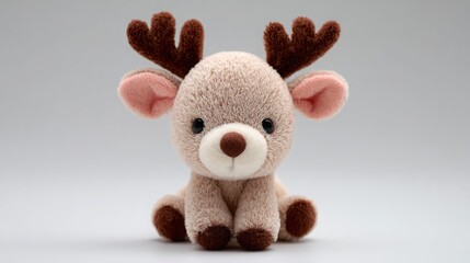 Fototapeta premium Adorable plush deer toy with soft brown fur and cute antlers on a neutral background.