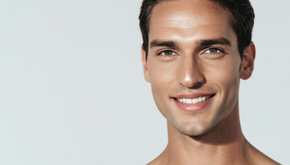 Portrait of a handsome young man with a perfect smile and glowing skin, representing men's health and beauty