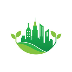 Green city skyline with abstract leaf shapes and gradient colors Keywords: city, skyline, green, eco, nature, abstract, modern, urban, buildings