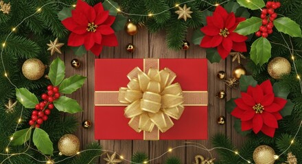 Festive christmas gift box surrounded by holiday decorations