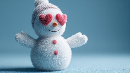 Adorable snowman with heart-shaped eyes and a cozy winter hat spreads joy.