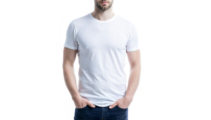 Clean shot of a man in a white t-shirt and jeans on a white background