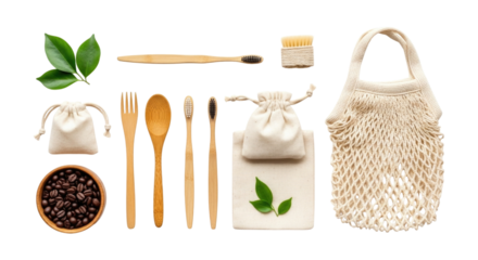 Eco friendly zero waste bathroom and kitchen essentials transparent background cutout png