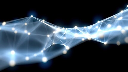 A digital abstract representation of a network with interconnected nodes and glowing lines, set against a dark background.