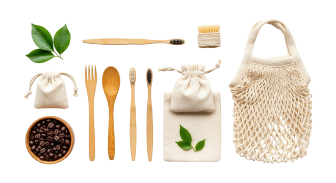 Eco friendly zero waste bathroom and kitchen essentials transparent background cutout png