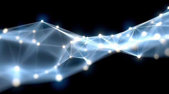 A digital abstract representation of a network with interconnected nodes and glowing lines, set against a dark background.