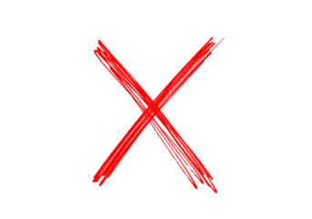 Red cross mark drawn with brush strokes. Hand-drawn X symbol isolated on white background. 