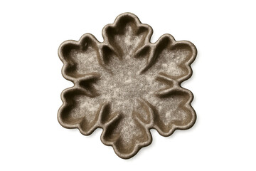 Fototapeta premium A rustic brown snowflake-shaped cookie ornament with a textured surface and powdered sugar dusting, showcasing a festive, handcrafted design for winter holiday celebrations