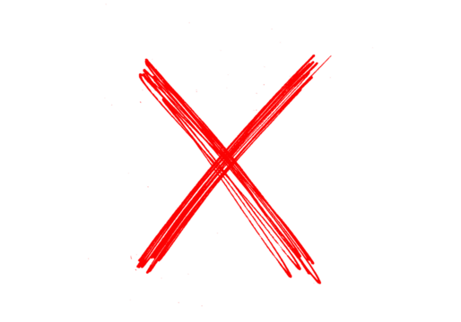 Red cross mark drawn with brush strokes. Hand-drawn X symbol isolated on white background. 