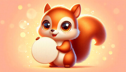 Obraz premium Cute squirrel holding a round blank sign, pastel orange background