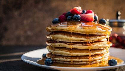 Delicious Stack of Pancakes with Fresh Berries and Syrup A Tasty Breakfast Treat for Food Lovers