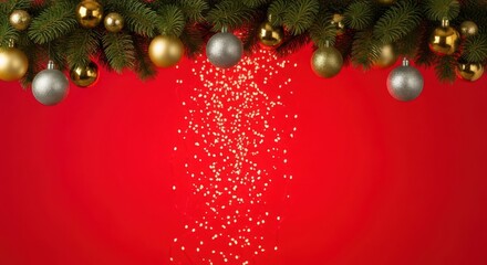 Christmas branches with gold and silver ornaments on red.