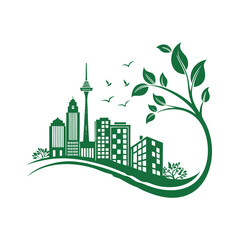 Green city skyline with tower and growing plant branches Keywords: eco city, sustainable, urban, nature, city, skyline, buildings, tower