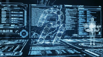 Abstract digital interface with data visualization and futuristic humanoid figure - Powered by Adobe