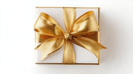 Fototapeta premium Elegant white gift box adorned with a luxurious gold ribbon bow.