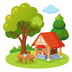 House with a tree and green lawn illustration