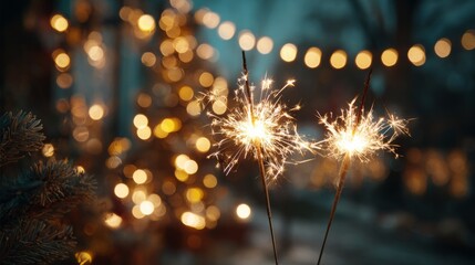 Close-up of sparklers illuminating a festive night with blurred lights in the background.