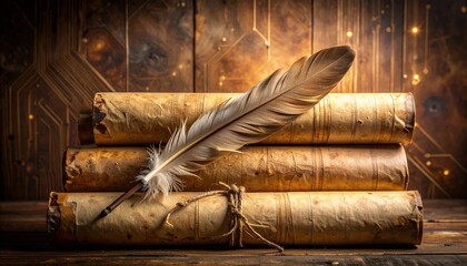 A classic feather quill pen rests upon ancient rolled scrolls, merging timeless literature with a futuristic technological background