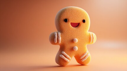 Cheerful gingerbread figure with icing details on textured surface.