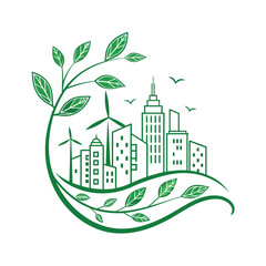Green city skyline with wind turbines and growing plant branches Keywords: eco city, green energy, sustainable, urban, nature, city, skyline