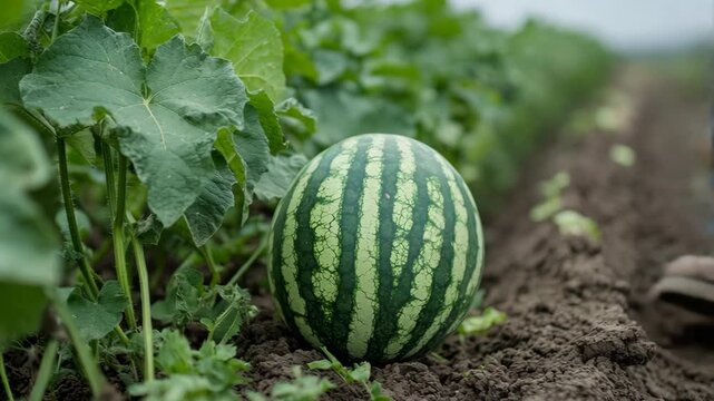 selective focus watermelon harvest in sunny field