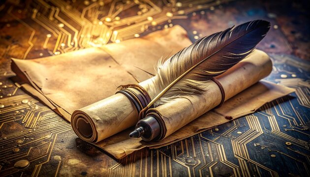 Digital Antiquity Quill and Scrolls on a Luminous Circuitry, Weaving Narratives of Knowledge Through Time and Technology