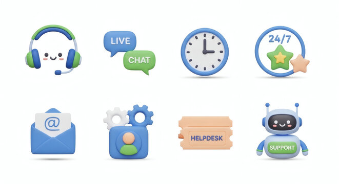Charming 3D Customer Service and Support Icons Set Modern Digital Helpdesk, Live Chat, and Bot Assistance Collection