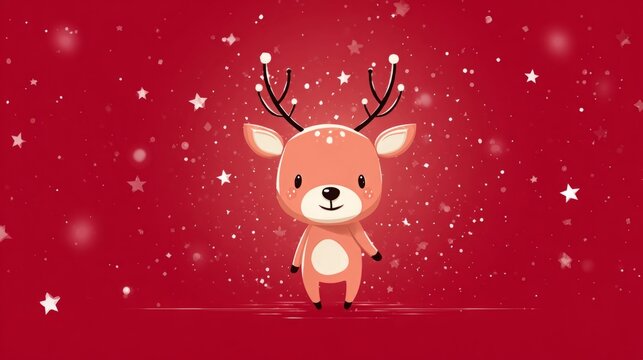 Cute cartoon deer on a festive red background with stars and snowflakes.