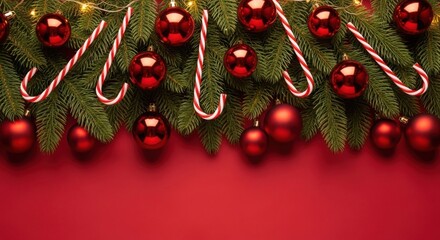 Christmas fir border with red ornaments and candy canes