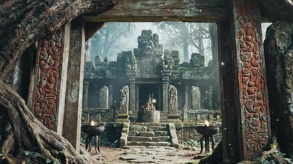 asia gate | A mystical, overgrown temple ruins entwined by ancient trees, soft light filtering through foliage, revealing intricate carvings and a serene altar at its center - Powered by Adobe