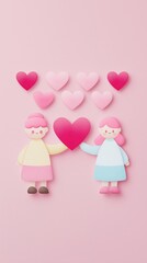 creative lifestyle concept - Cute Paper Art of Two People Holding Hearts on Pink Background modern digital art