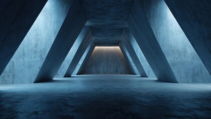A symmetrical concrete corridor with angled supports, lit by ambient blue and warm central glow